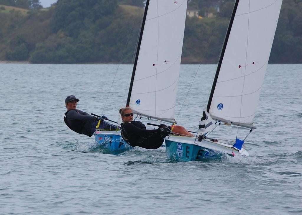 Close racing between Andrew Miller (South Canterbury)  and Libby Porter (Auckland) - 2014 Starling Match Racing © Brian Peet
